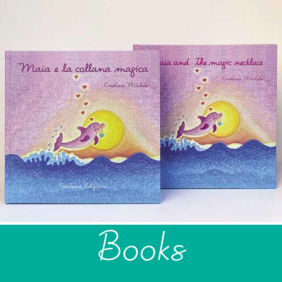 Image of an open book showing a drawing of a dophin mother hugging her baby. Caption reads: Books