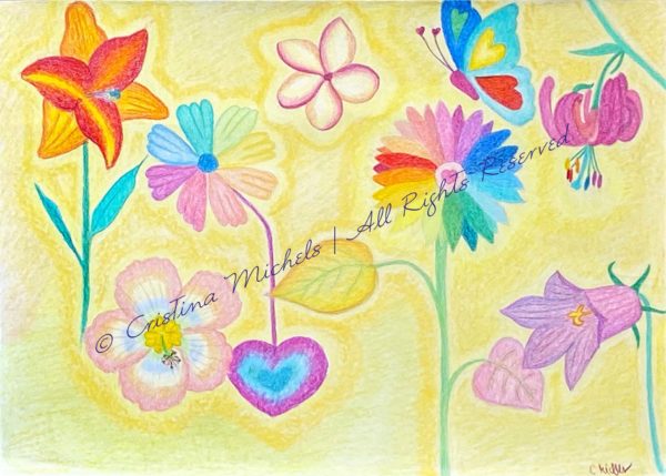 Drawing of 7 flowers and a butterfly with their auras