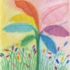 Drawing of a banana tree with leaves of different colours and smaller flowers below