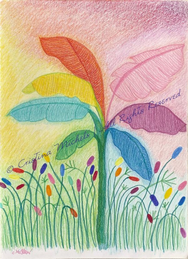 Drawing of a banana tree with leaves of different colours and smaller flowers below