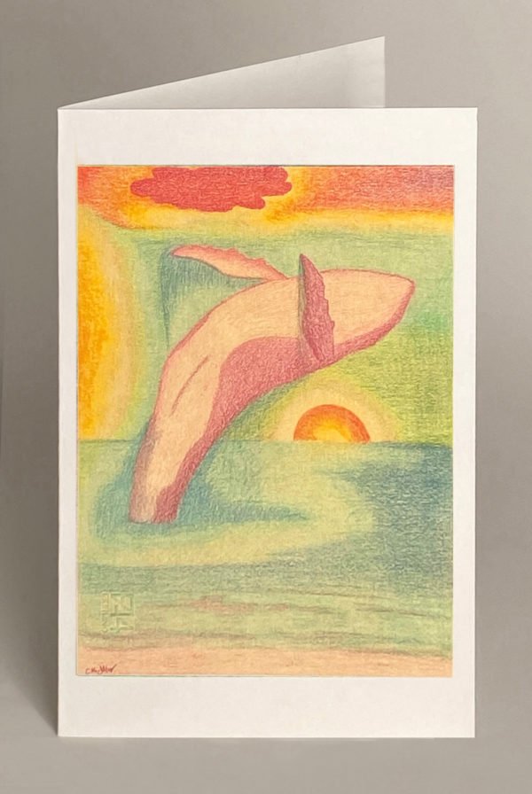 Drawing of a humpback whale breaching out of the sea, at sunset