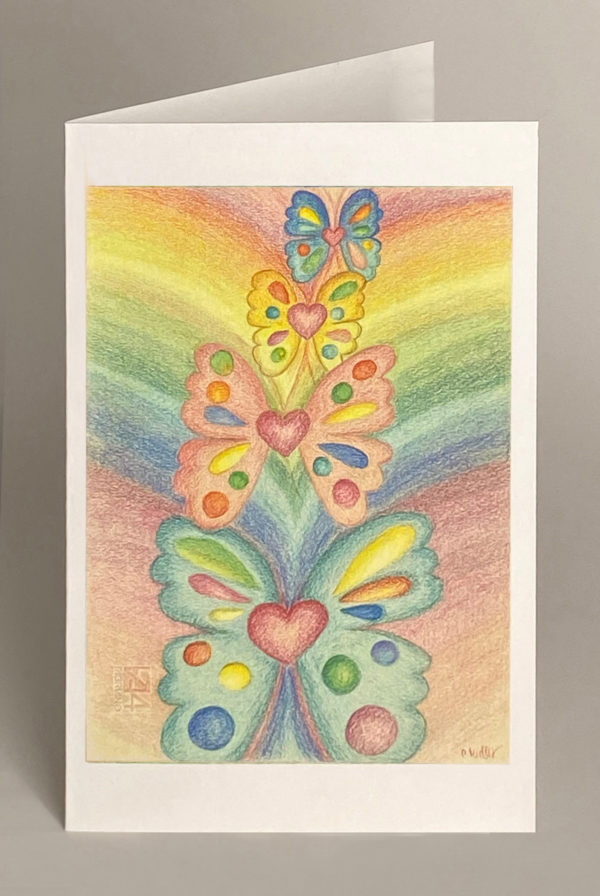 Drawing of four butterflies scending in a rainbow sky