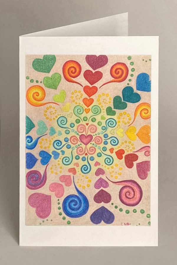 Drawing of a mandala pattern made of hearts and spirals expaning from a central heart