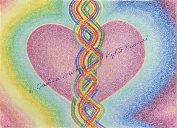 Drawing of a pink heart, with DNA strands in the middle