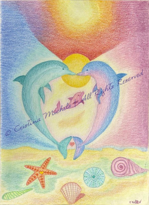 Drawing of two dolphins facing each other in heart shape, their baby in the middle. Sea shells in the sand and the sunshine behind them