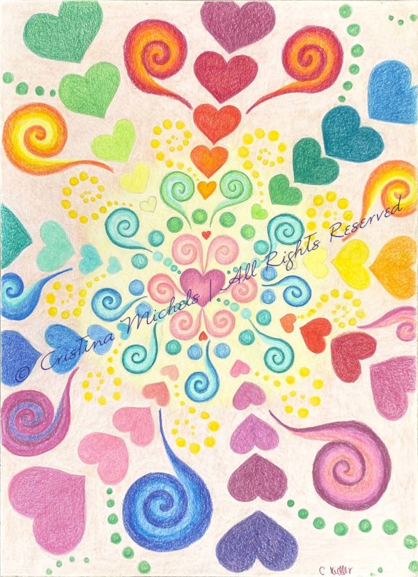Drawing mandala-style with hearts and spirals moving from the centre outwards with different colours