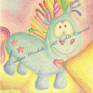 Drawing of a cute blue unicorn with colourful hair