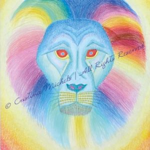 Drawing of a lion with colourful mane.