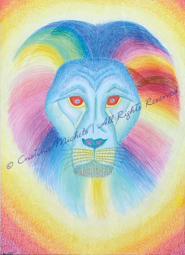 Drawing of a lion with colourful mane.