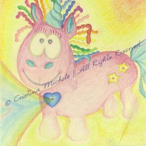 Drawing of a pink unicorn with colourful hair