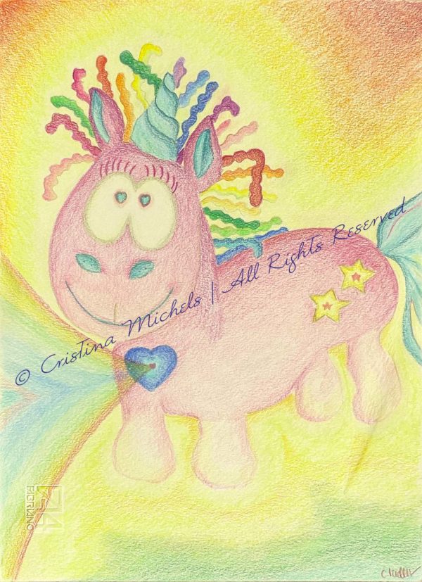 Drawing of a pink unicorn with colourful hair