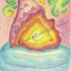 Drawing of a seashell with light emating from its inside, sitting on a body of water