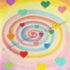 Image of a galaxy out of which colourful hearts spiral out in all directions