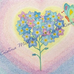 Drawing of blue and purple forget me not flowers in the shape of a heart